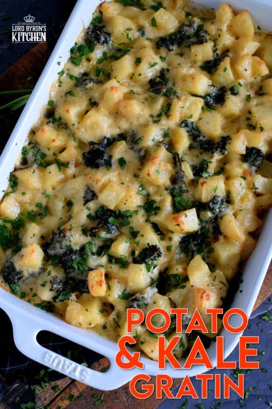 Kale is not usually associated with comfort food, but when it is combined with potatoes in a béchamel sauce and baked in the oven until it becomes golden and bubbly; Potato and Kale Gratin is most certainly the most comforting of comfort foods! #kale #gratin #casserole #potato #thanksgiving