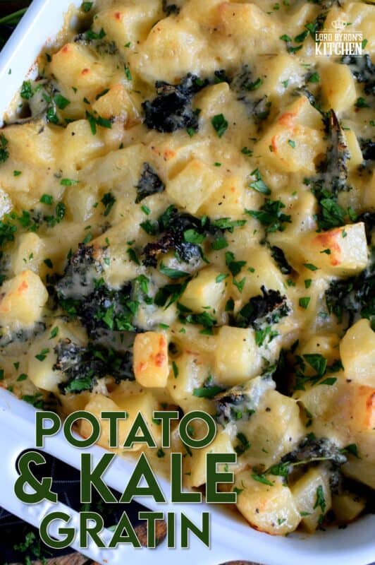 Kale is not usually associated with comfort food, but when it is combined with potatoes in a béchamel sauce and baked in the oven until it becomes golden and bubbly; Potato and Kale Gratin is most certainly the most comforting of comfort foods! #kale #gratin #casserole #potato #thanksgiving
