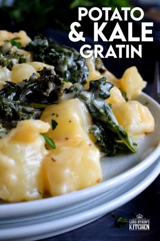 Kale is not usually associated with comfort food, but when it is combined with potatoes in a béchamel sauce and baked in the oven until it becomes golden and bubbly; Potato and Kale Gratin is most certainly the most comforting of comfort foods! #kale #gratin #casserole #potato #thanksgiving