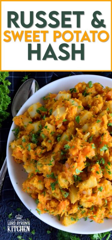 In this recipe, russet and sweet potatoes are combined with aromatics like garlic and onion to create a savoury and sweet rustic side dish. Freshly grated nutmeg is the key to making this dish even better! And, even though a skillet hash is a common family favourite, this dish could easily compete with any favourite holiday side! #sweetpotatoes #hash #skillet #vegetable #vegetarian #sidedish #thanksgiving
