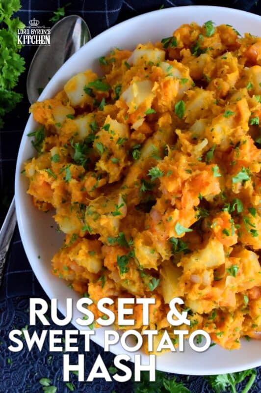 In this recipe, russet and sweet potatoes are combined with aromatics like garlic and onion to create a savoury and sweet rustic side dish. Freshly grated nutmeg is the key to making this dish even better! And, even though a skillet hash is a common family favourite, this dish could easily compete with any favourite holiday side! #sweetpotatoes #hash #skillet #vegetable #vegetarian #sidedish #thanksgiving