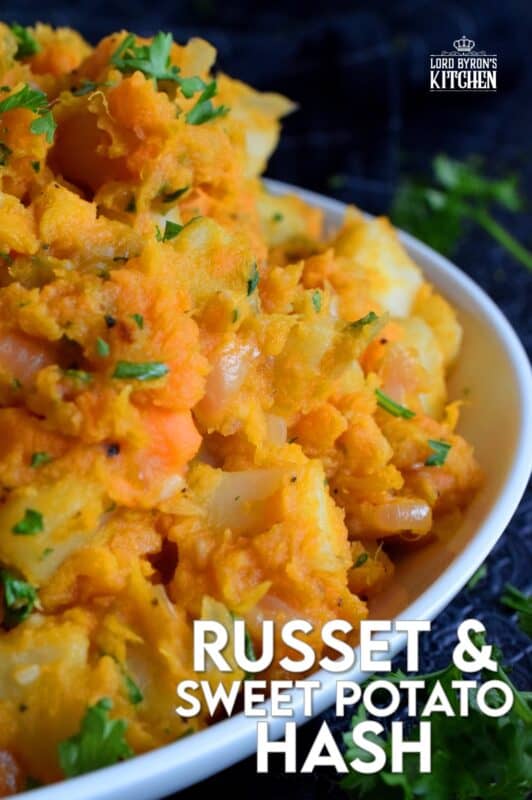In this recipe, russet and sweet potatoes are combined with aromatics like garlic and onion to create a savoury and sweet rustic side dish. Freshly grated nutmeg is the key to making this dish even better! And, even though a skillet hash is a common family favourite, this dish could easily compete with any favourite holiday side! #sweetpotatoes #hash #skillet #vegetable #vegetarian #sidedish #thanksgiving