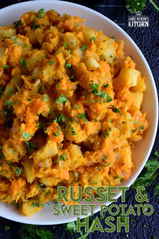 In this recipe, russet and sweet potatoes are combined with aromatics like garlic and onion to create a savoury and sweet rustic side dish. Freshly grated nutmeg is the key to making this dish even better! And, even though a skillet hash is a common family favourite, this dish could easily compete with any favourite holiday side! #sweetpotatoes #hash #skillet #vegetable #vegetarian #sidedish #thanksgiving