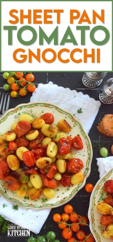 This 30-minute dinner, prepared with fresh tomatoes, is delicious any time of the year not just during tomato growing season. Sheet Pan Tomato Gnocchi is a toss-and-bake type of recipe that requires no supervision at all. If you're hungry and in a hurry, this should be your go-to meal every single time! #gnocchi #tomatoes #sheetpan #dinner #vegetarian
