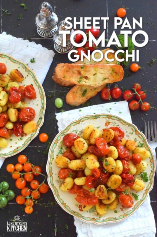 This 30-minute dinner, prepared with fresh tomatoes, is delicious any time of the year not just during tomato growing season. Sheet Pan Tomato Gnocchi is a toss-and-bake type of recipe that requires no supervision at all. If you're hungry and in a hurry, this should be your go-to meal every single time! #gnocchi #tomatoes #sheetpan #dinner #vegetarian