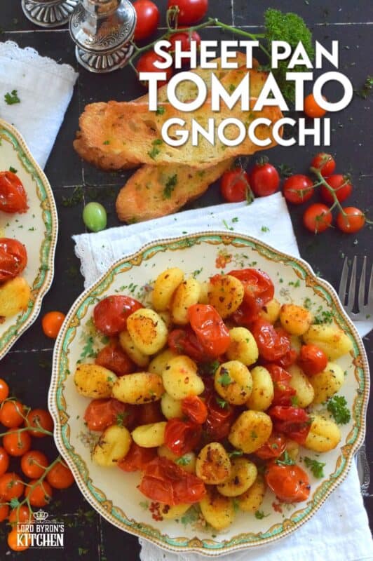 This 30-minute dinner, prepared with fresh tomatoes, is delicious any time of the year not just during tomato growing season. Sheet Pan Tomato Gnocchi is a toss-and-bake type of recipe that requires no supervision at all. If you're hungry and in a hurry, this should be your go-to meal every single time! #gnocchi #tomatoes #sheetpan #dinner #vegetarian