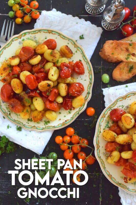 This 30-minute dinner, prepared with fresh tomatoes, is delicious any time of the year not just during tomato growing season. Sheet Pan Tomato Gnocchi is a toss-and-bake type of recipe that requires no supervision at all. If you're hungry and in a hurry, this should be your go-to meal every single time! #gnocchi #tomatoes #sheetpan #dinner #vegetarian