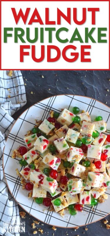 This no-bake fudge recipe is packed full of red and green candied cherries and chopped toasted walnuts. Made with melted white chocolate and canned sweetened condensed milk, Walnut Fruitcake Fudge is super easy and fast to make and tastes delicious too! #fudge #candied #cherries #nobake #fruitcake