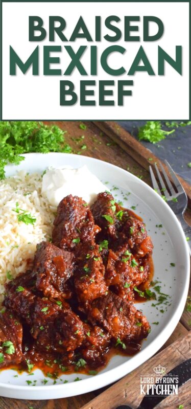 Moist and tender beef is braised in a rich and sweet tomato-based sauce with onion, garlic, chipotle in adobo sauce, and brown sugar. The secret to absolutely delicious Braised Mexican Beef is allowing the meat to cook for hours in a pot with a heavy lid. Braising cannot be rushed and patience is greatly rewarded with just one bite! #mexican #braised #beef #brisket