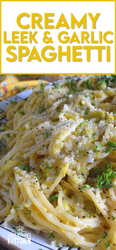 Sweet oniony leeks are paired with garlic, parmesan, and butter in this rustic and delicious Creamy Leek and Garlic Spaghetti. This recipe, although vegetarian, is hearty and filling and can be on your dinner table in thirty minutes or less! #leek #spaghetti #pasta #vegetarian