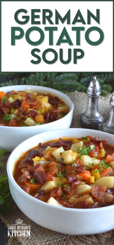German Potato Soup starts off with bacon, which is a great start to any recipe! Loaded with lots of root vegetables like onions, potatoes, celery root, and carrots, this soup also has leeks, which is a wonderful addition to any soup! Hearty and filling, this soup recipe is certainly a keeper! #soup #german #bacon