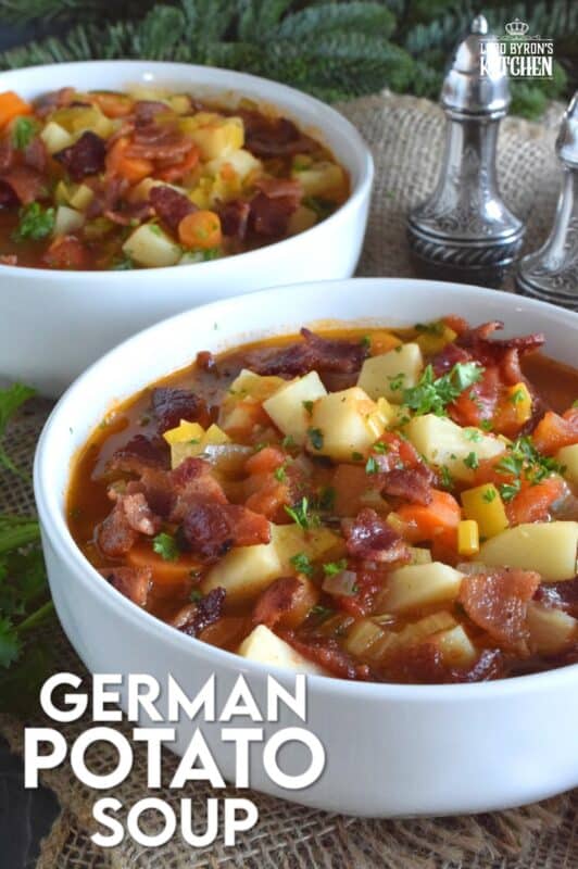 German Potato Soup starts off with bacon, which is a great start to any recipe! Loaded with lots of root vegetables like onions, potatoes, celery root, and carrots, this soup also has leeks, which is a wonderful addition to any soup! Hearty and filling, this soup recipe is certainly a keeper! #soup #german #bacon