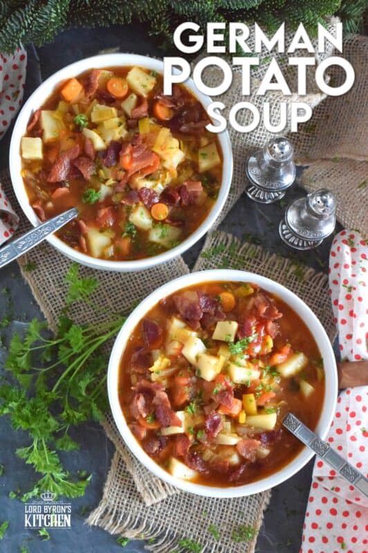 German Potato Soup starts off with bacon, which is a great start to any recipe! Loaded with lots of root vegetables like onions, potatoes, celery root, and carrots, this soup also has leeks, which is a wonderful addition to any soup! Hearty and filling, this soup recipe is certainly a keeper! #soup #german #bacon