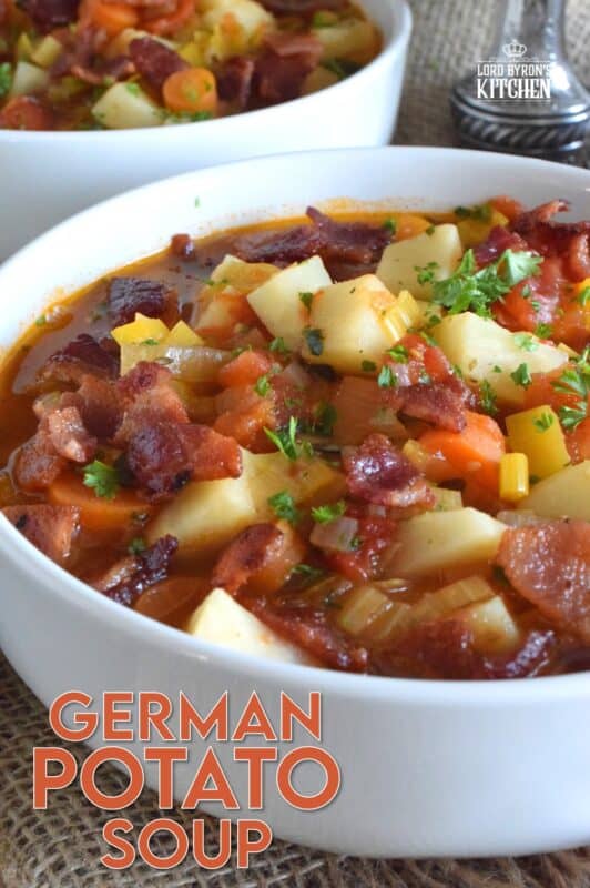 German Potato Soup starts off with bacon, which is a great start to any recipe! Loaded with lots of root vegetables like onions, potatoes, celery root, and carrots, this soup also has leeks, which is a wonderful addition to any soup! Hearty and filling, this soup recipe is certainly a keeper! #soup #german #bacon