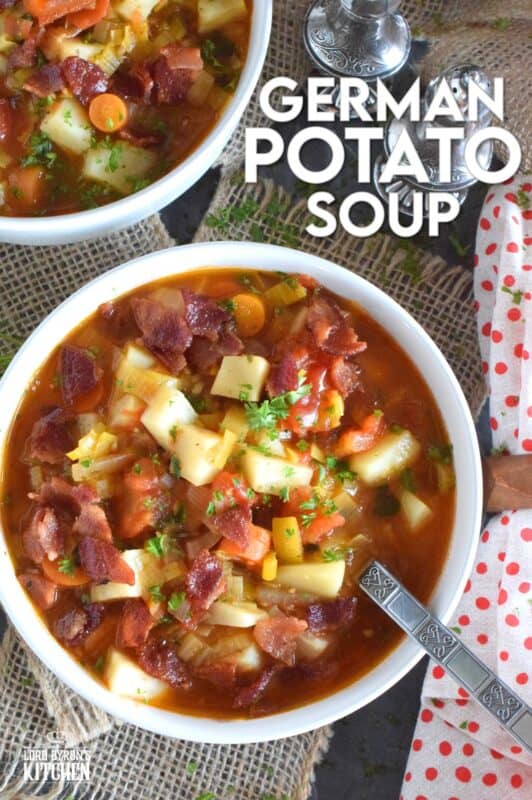 German Potato Soup starts off with bacon, which is a great start to any recipe! Loaded with lots of root vegetables like onions, potatoes, celery root, and carrots, this soup also has leeks, which is a wonderful addition to any soup! Hearty and filling, this soup recipe is certainly a keeper! #soup #german #bacon