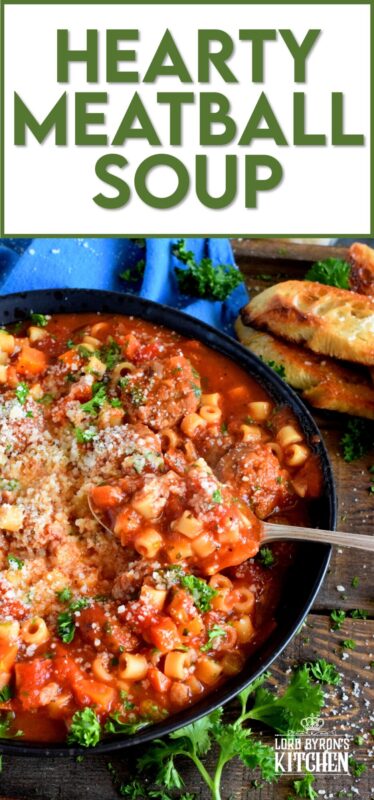 Hearty Meatball Soup is a soup that tastes like a big bowl of homemade pasta and meatballs, but more comforting and warming! Loaded with fresh vegetables and prepared with frozen, store-bought meatballs, this soup is good for you and easy too! #soup #stew #pasta #meatballs #homemade