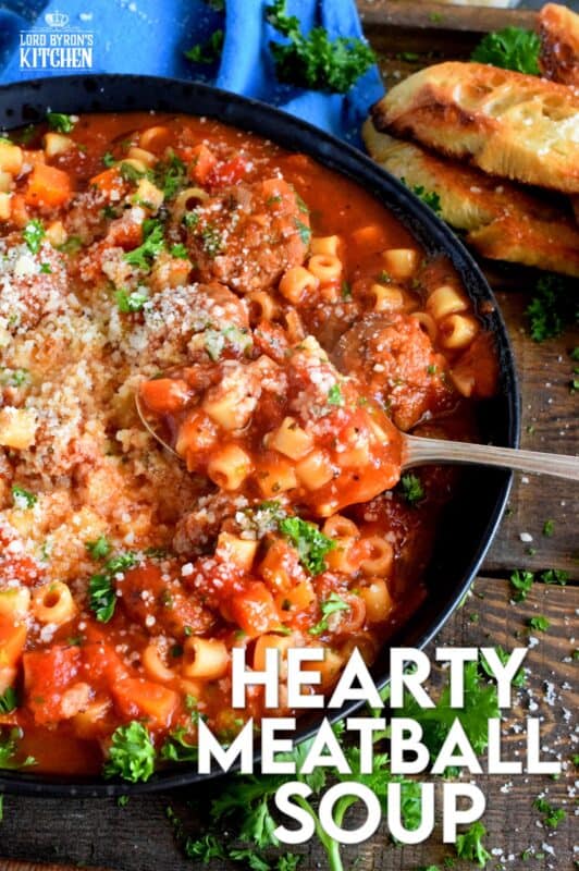 Hearty Meatball Soup is a soup that tastes like a big bowl of homemade pasta and meatballs, but more comforting and warming! Loaded with fresh vegetables and prepared with frozen, store-bought meatballs, this soup is good for you and easy too! #soup #stew #pasta #meatballs #homemade