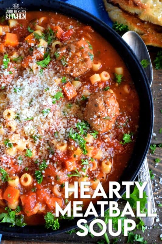 Hearty Meatball Soup is a soup that tastes like a big bowl of homemade pasta and meatballs, but more comforting and warming! Loaded with fresh vegetables and prepared with frozen, store-bought meatballs, this soup is good for you and easy too! #soup #stew #pasta #meatballs #homemade