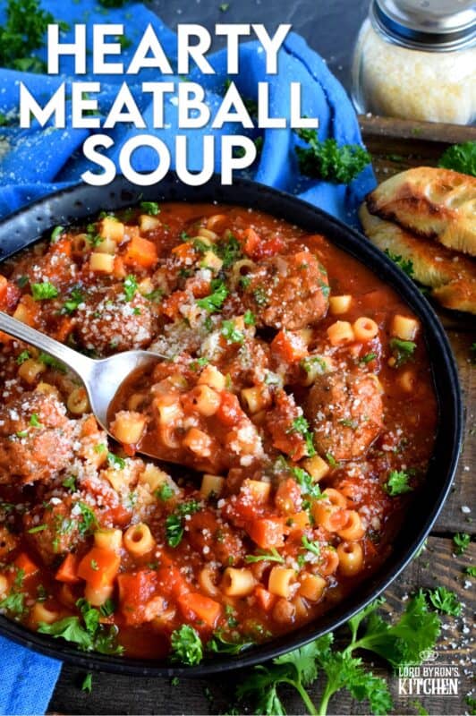 Hearty Meatball Soup is a soup that tastes like a big bowl of homemade pasta and meatballs, but more comforting and warming! Loaded with fresh vegetables and prepared with frozen, store-bought meatballs, this soup is good for you and easy too! #soup #stew #pasta #meatballs #homemade