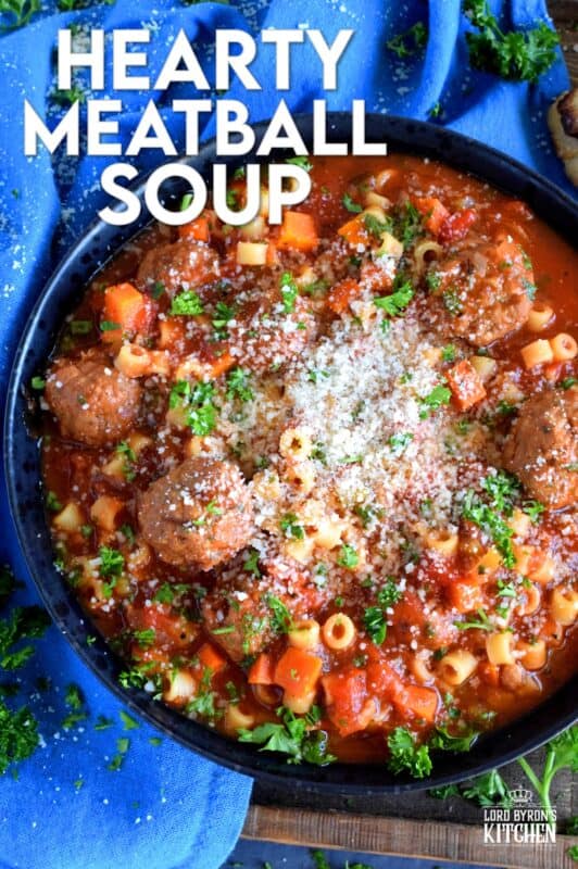 Hearty Meatball Soup is a soup that tastes like a big bowl of homemade pasta and meatballs, but more comforting and warming! Loaded with fresh vegetables and prepared with frozen, store-bought meatballs, this soup is good for you and easy too! #soup #stew #pasta #meatballs #homemade