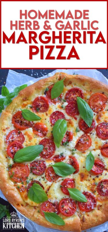 One of the best pizza combinations is the Margherita which is simply prepared with sauce, tomatoes, cheese, and basil. Herb and Garlic Margherita Pizza ups the flavour profile with an easy, savoury, homemade pizza dough filled with dried herbs and spices.  You have to try this! #margherita #pizza #homemade