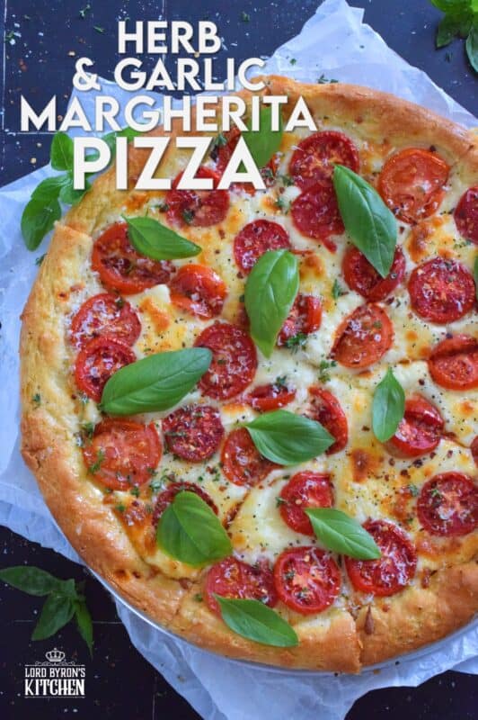 One of the best pizza combinations is the Margherita which is simply prepared with sauce, tomatoes, cheese, and basil. Herb and Garlic Margherita Pizza ups the flavour profile with an easy, savoury, homemade pizza dough filled with dried herbs and spices.  You have to try this! #margherita #pizza #homemade