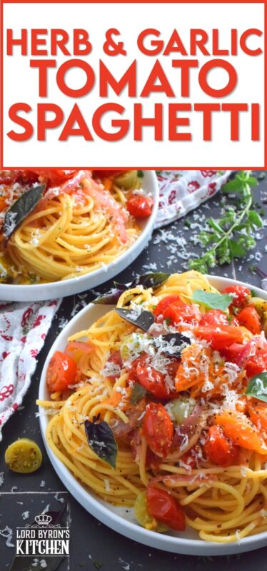 Herb and Garlic Tomato Spaghetti is one of those quick and easy recipes that taste wonderfully delicious! This simple pasta is prepared using fresh herbs like thyme, oregano, and chives.  Cherry tomatoes are blistered with red onions in olive oil to create a sauce. Tossed with perfectly cooked pasta, this dish is a family-friendly meal, but impressive enough for any dinner party! #herbs #pasta #tomatoes #spaghetti