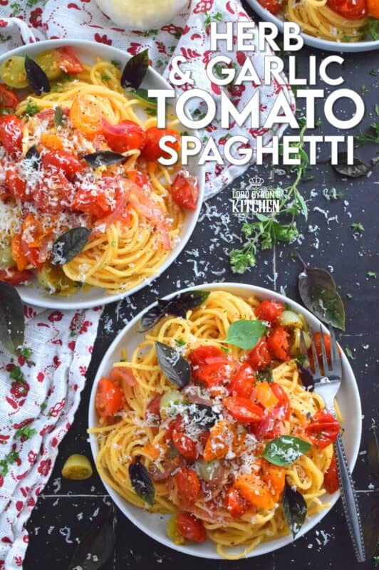 Herb and Garlic Tomato Spaghetti is one of those quick and easy recipes that taste wonderfully delicious! This simple pasta is prepared using fresh herbs like thyme, oregano, and chives.  Cherry tomatoes are blistered with red onions in olive oil to create a sauce. Tossed with perfectly cooked pasta, this dish is a family-friendly meal, but impressive enough for any dinner party! #herbs #pasta #tomatoes #spaghetti