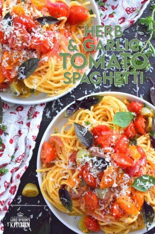 Herb and Garlic Tomato Spaghetti is one of those quick and easy recipes that taste wonderfully delicious! This simple pasta is prepared using fresh herbs like thyme, oregano, and chives.  Cherry tomatoes are blistered with red onions in olive oil to create a sauce. Tossed with perfectly cooked pasta, this dish is a family-friendly meal, but impressive enough for any dinner party! #herbs #pasta #tomatoes #spaghetti