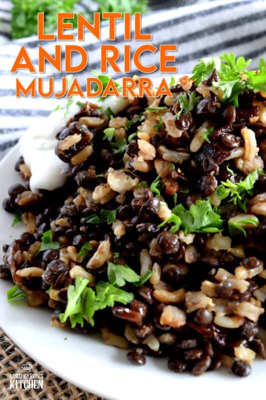 Mujadarra, a classic Middle Eastern dish, consists of black lentils, brown rice, and caramelized red onions. In all probability, you have everything you need to make this dish in your fridge and pantry already! Be sure to serve it up with a little sour cream for a new favourite easy and unique side or main. #middleeastern #mujadarra #lentils