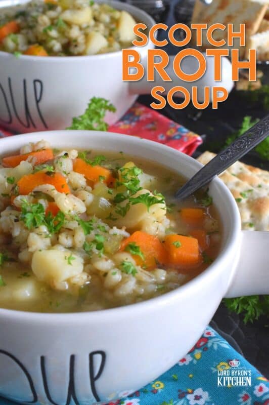 Based on the popular and delicious Scotch Broth, my Scotch Broth Soup is filling, hearty, and good for you too! Unlike the original which is prepared with lamb, mutton, or beef, this version is completely vegetarian and packed with pearl barley and lots of root vegetables! #soup #vegetarian #barley