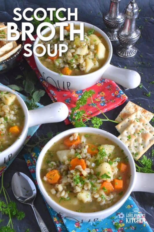 Based on the popular and delicious Scotch Broth, my Scotch Broth Soup is filling, hearty, and good for you too! Unlike the original which is prepared with lamb, mutton, or beef, this version is completely vegetarian and packed with pearl barley and lots of root vegetables! #soup #vegetarian #barley