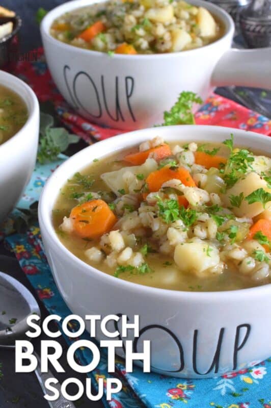 Based on the popular and delicious Scotch Broth, my Scotch Broth Soup is filling, hearty, and good for you too! Unlike the original which is prepared with lamb, mutton, or beef, this version is completely vegetarian and packed with pearl barley and lots of root vegetables! #soup #vegetarian #barley