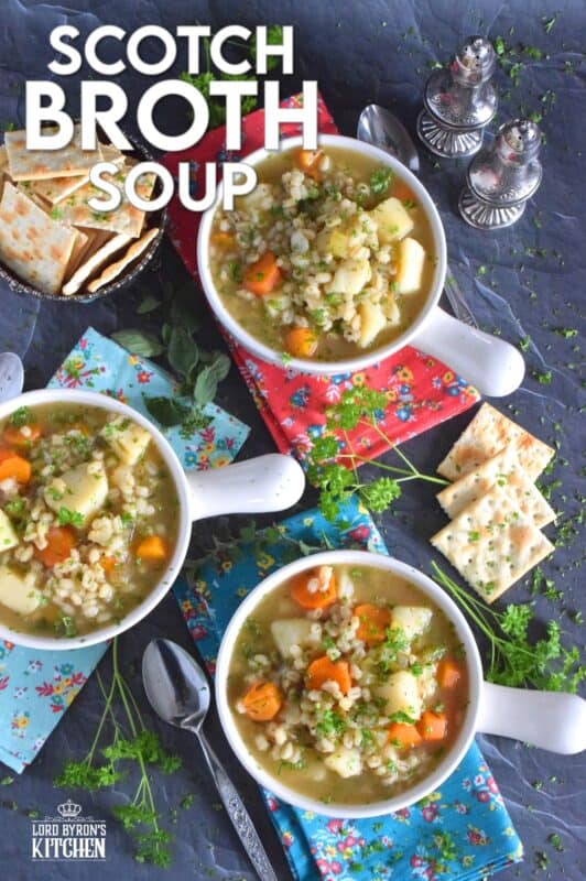 Based on the popular and delicious Scotch Broth, my Scotch Broth Soup is filling, hearty, and good for you too! Unlike the original which is prepared with lamb, mutton, or beef, this version is completely vegetarian and packed with pearl barley and lots of root vegetables! #soup #vegetarian #barley