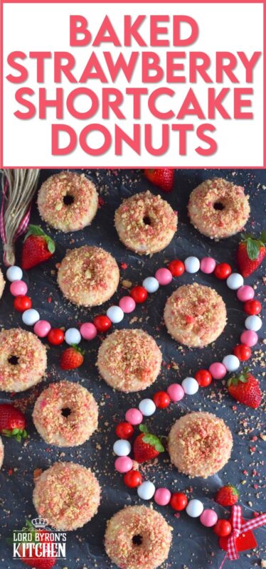 Baked Strawberry Shortcake Donuts are prepared with homemade strawberry shortcake crumbs! Baked to perfection in only 10 minutes, glazed and topped with more shortcake crumbs, these donuts are super soft and moist and very cake-like inside. Share these with your favourite valentine or save them all for yourself! #strawberry #donuts #doughnuts #valentine