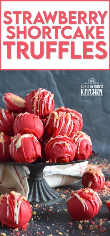 Prepared with crushed vanilla-flavoured Golden Oreos, cream cheese, and homemade strawberry shortcake crumbs, these Strawberry Shortcake Truffles are dipped in melted red candy melts and drizzled with white melted chocolate. They’re beautifully bold and bright, and delicious too! #truffles #valentines #nobake #pink #candy
