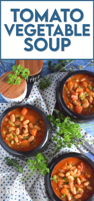 This soup is thick, hearty, and filling! Tomato Vegetable Soup is in fact more like a stew than a soup! It has a dense, homestyle tomato flavour combined with the creaminess of tender white beans, and is paired with lots of fresh and good-for-you vegetables too. Yummy! Sounds good to me! #beans #soup #vegetables #tomato