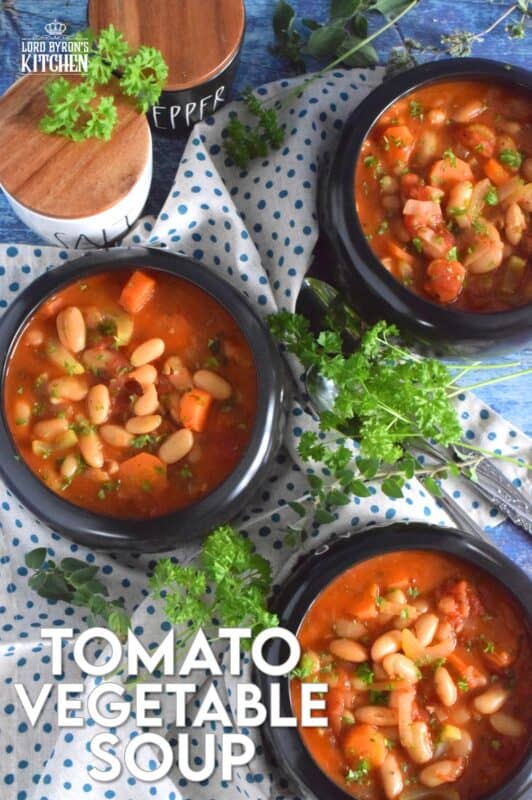 This soup is thick, hearty, and filling! Tomato Vegetable Soup is in fact more like a stew than a soup! It has a dense, homestyle tomato flavour combined with the creaminess of tender white beans, and is paired with lots of fresh and good-for-you vegetables too. Yummy! Sounds good to me! #beans #soup #vegetables #tomato