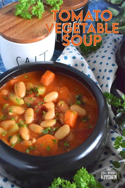 This soup is thick, hearty, and filling! Tomato Vegetable Soup is in fact more like a stew than a soup! It has a dense, homestyle tomato flavour combined with the creaminess of tender white beans, and is paired with lots of fresh and good-for-you vegetables too. Yummy! Sounds good to me! #beans #soup #vegetables #tomato