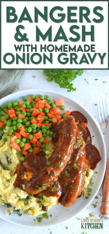 The ultimate comfort food is mashed potatoes and gravy. Serving pan-fried bangers with the two is a no-brainer! This hearty, family-friendly meal is easy to prepare and quite delicious. Bangers and Mash with Homemade Onion Gravy might be considered peasant food, but I'd serve this to the fanciest of folks without any hesitation! #bangers #mash #irish #stpatricksday