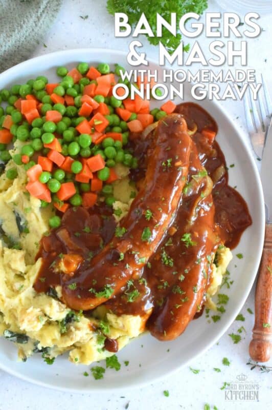 The ultimate comfort food is mashed potatoes and gravy. Serving pan-fried bangers with the two is a no-brainer! This hearty, family-friendly meal is easy to prepare and quite delicious. Bangers and Mash with Homemade Onion Gravy might be considered peasant food, but I'd serve this to the fanciest of folks without any hesitation! #bangers #mash #irish #stpatricksday