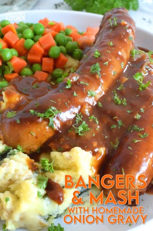 The ultimate comfort food is mashed potatoes and gravy. Serving pan-fried bangers with the two is a no-brainer! This hearty, family-friendly meal is easy to prepare and quite delicious. Bangers and Mash with Homemade Onion Gravy might be considered peasant food, but I'd serve this to the fanciest of folks without any hesitation! #bangers #mash #irish #stpatricksday
