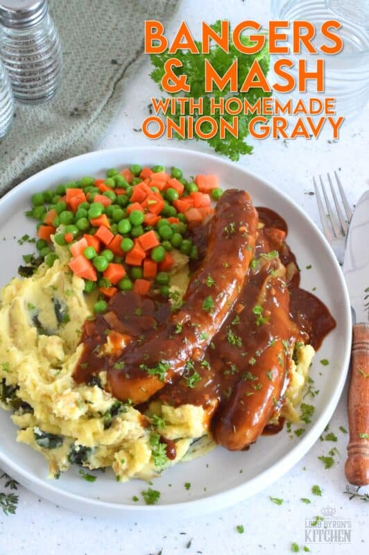 The ultimate comfort food is mashed potatoes and gravy. Serving pan-fried bangers with the two is a no-brainer! This hearty, family-friendly meal is easy to prepare and quite delicious. Bangers and Mash with Homemade Onion Gravy might be considered peasant food, but I'd serve this to the fanciest of folks without any hesitation! #bangers #mash #irish #stpatricksday