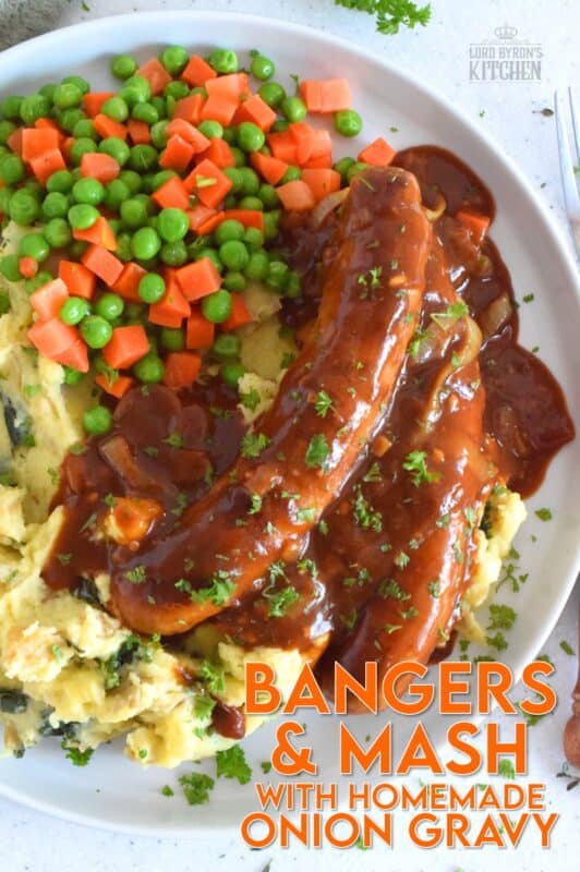 The ultimate comfort food is mashed potatoes and gravy. Serving pan-fried bangers with the two is a no-brainer! This hearty, family-friendly meal is easy to prepare and quite delicious. Bangers and Mash with Homemade Onion Gravy might be considered peasant food, but I'd serve this to the fanciest of folks without any hesitation! #bangers #mash #irish #stpatricksday
