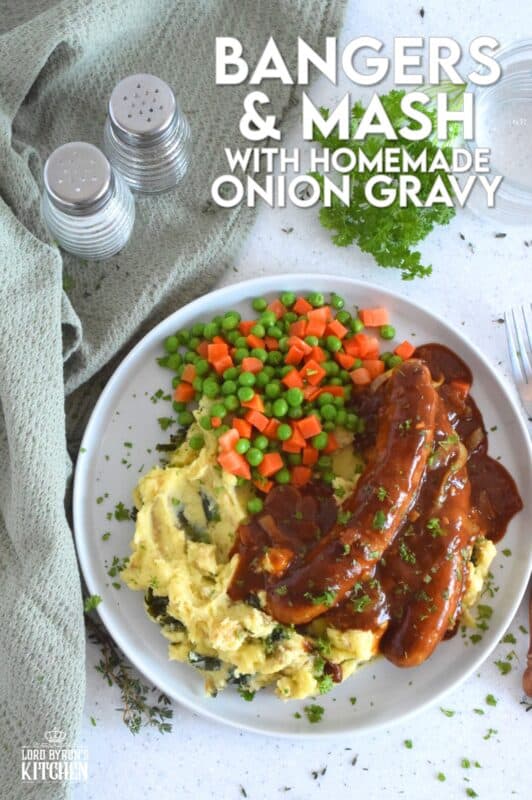 The ultimate comfort food is mashed potatoes and gravy. Serving pan-fried bangers with the two is a no-brainer! This hearty, family-friendly meal is easy to prepare and quite delicious. Bangers and Mash with Homemade Onion Gravy might be considered peasant food, but I'd serve this to the fanciest of folks without any hesitation! #bangers #mash #irish #stpatricksday
