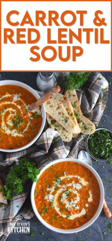 Thick and hearty, Carrot and Red Lentil Soup is good for you too! Completely vegetarian and vegan, this soup is super easy to prepare and is just what is needed to get you through the last stretch of winter. Make a big batch because this soup freezes and reheats very well! #soup #lentils #vegetarian #carrot #vegan