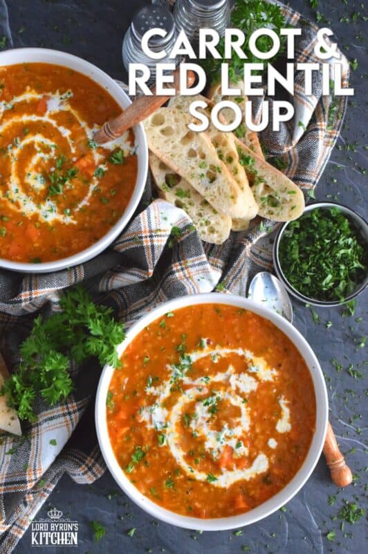 Thick and hearty, Carrot and Red Lentil Soup is good for you too! Completely vegetarian and vegan, this soup is super easy to prepare and is just what is needed to get you through the last stretch of winter. Make a big batch because this soup freezes and reheats very well! #soup #lentils #vegetarian #carrot #vegan