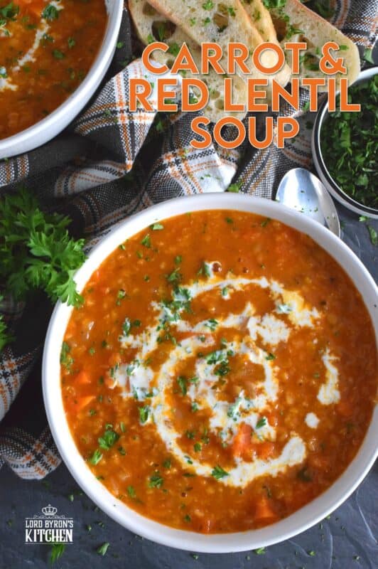 Thick and hearty, Carrot and Red Lentil Soup is good for you too! Completely vegetarian and vegan, this soup is super easy to prepare and is just what is needed to get you through the last stretch of winter. Make a big batch because this soup freezes and reheats very well! #soup #lentils #vegetarian #carrot #vegan