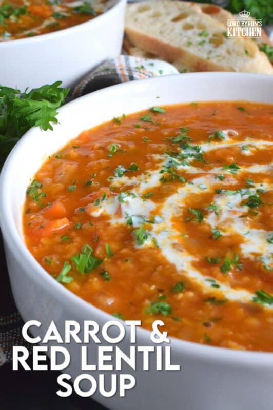 Thick and hearty, Carrot and Red Lentil Soup is good for you too! Completely vegetarian and vegan, this soup is super easy to prepare and is just what is needed to get you through the last stretch of winter. Make a big batch because this soup freezes and reheats very well! #soup #lentils #vegetarian #carrot #vegan