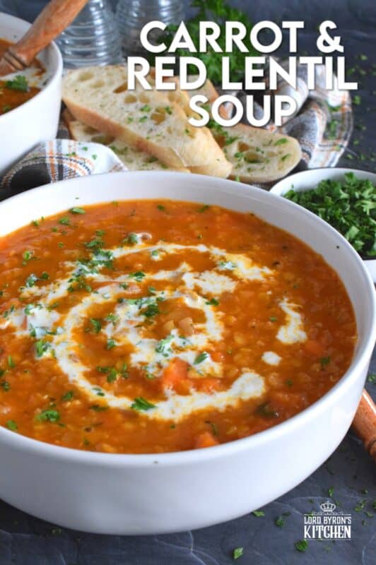 Thick and hearty, Carrot and Red Lentil Soup is good for you too! Completely vegetarian and vegan, this soup is super easy to prepare and is just what is needed to get you through the last stretch of winter. Make a big batch because this soup freezes and reheats very well! #soup #lentils #vegetarian #carrot #vegan